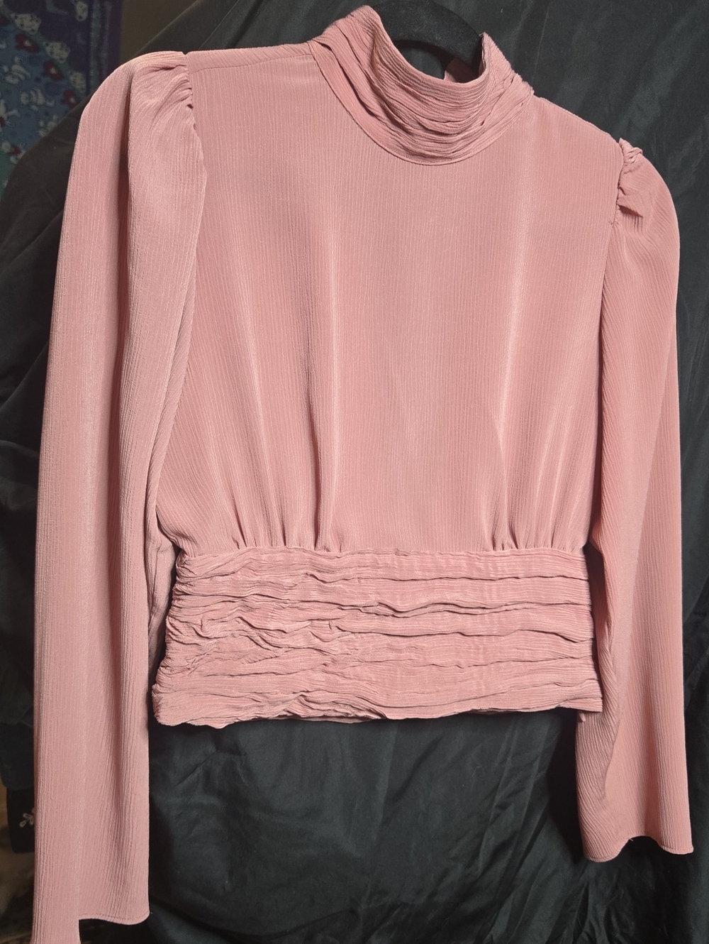 Zara Rose-Pink Pleated Waist Mock Neck Blouse